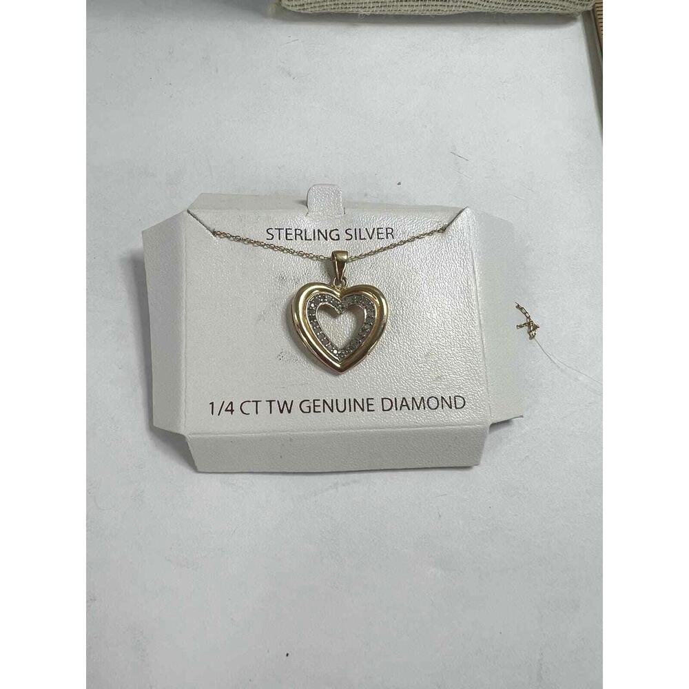 NEW Genuine Natural 1/4 CT TW‎ Diamond Heart Gold On Sterling Silver Necklace